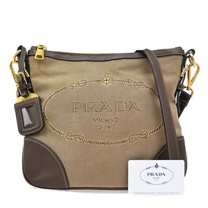 PRADA Logo Jacquard Crossbody Shoulder Bag Canvas Leather Brown 82EF542 - Picture 1 of 15