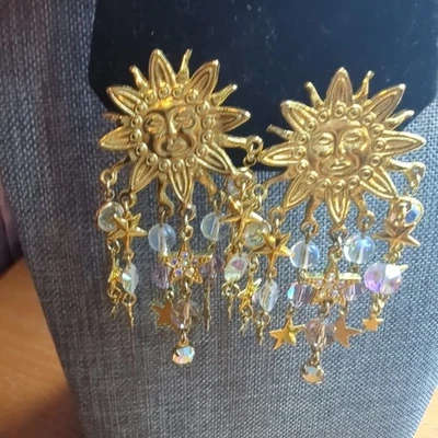 KIRKS FOLLY SUN BURST STARS DANGLE EARRINGS CLIP ON  - Image 1 of 4