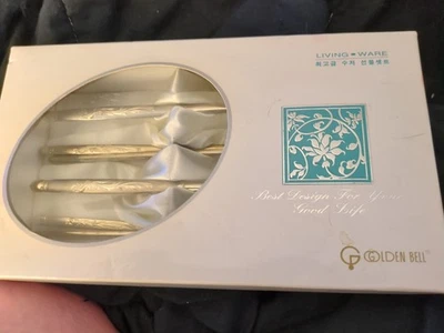 Korean Chopsticks Spoon 2 Set - METAL STAINLESS STEEL Titanium Hangul-Gold  - Image 1 of 4