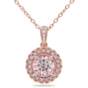 Amour Rose Gold-plated Silver Morganite and 1/10CT TDW Diamond Halo Pendant - Picture 1 of 5