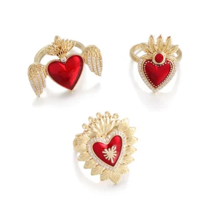 Klassische rote religiöse Herz Charms Gold Ex Voto Zirkonia Ringe verstellbar - Bild 1 von 22