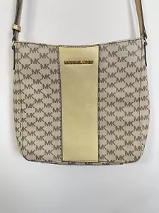 Michael Kors Monogram Canvas Crossbody Bag Gold Metallic Canvas - Picture 1 of 13