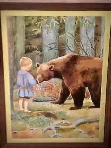Boy Feeding Blueberries to a Bear Print by Elsa Beskow, Bear Lover Print 32”x24 - Picture 1 of 6