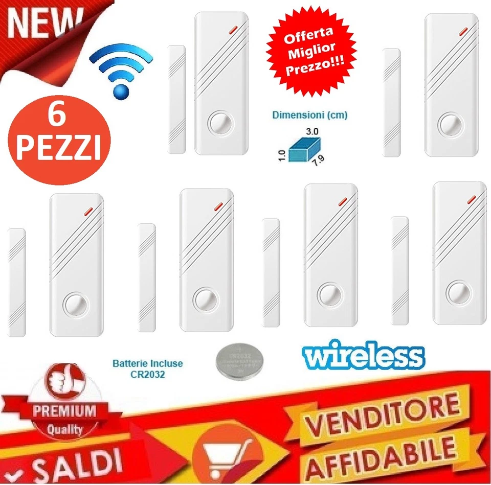 IDOR STORE KIT6 SENSORI MAGNETICI BIANCHI PORTE/FINESTRE WIRELESS 433 ANTIFURTO ALLARME