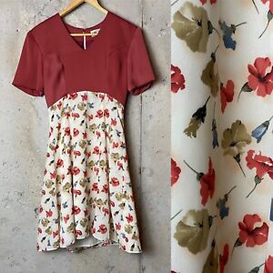 vintage mico rust red fit and flare short sleeve mini dress cream florals xs s