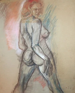 Vintage modernist nude woman portrait pastel painting - Picture 1 of 10