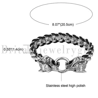 Bracelete de cabeça de lobo punk aço inoxidável corrente cubana couro bracelete trançado para homens - Imagem 1 de 4