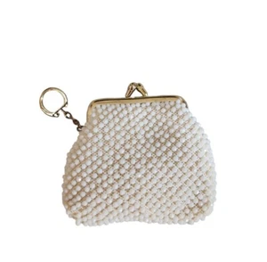 Vintage White Beaded Change Purse Goldtone Hardware W/Keychain  - Picture 1 of 4