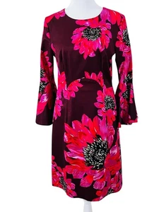 TRINA TURK Women Gorgeous Bloom Dress Bell Sleeve Size 4 Sheath Stretch Dark Red - Picture 1 of 12