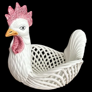 Rooster Basket Large Italian Ceramic White Pink Made Italy 12” Farmhouse - Picture 1 of 6