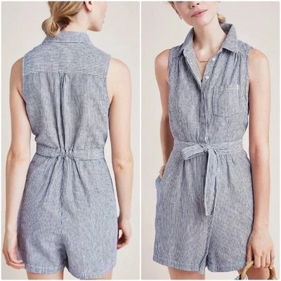 Anthropologie Sleeveless Linen Blend Railroad Stripe Collared Romper Size 4 - Image 1 of 4