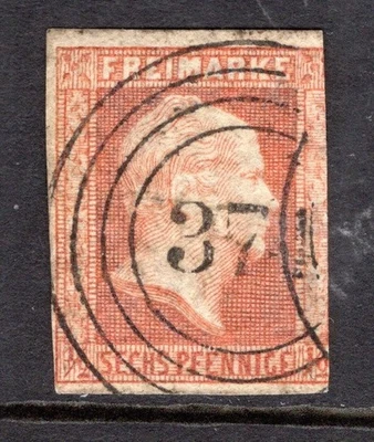 Estados Alemanes 1850 Prusia #2 usado 6pf rojo naranja CV $52,50 Dortmund número 371 Foto 1 de 2