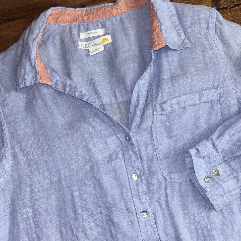 C&C California Linen Shirt Women's 1X Blue Button Up Blouse Roll Tab Sleeves - Image 1 of 4