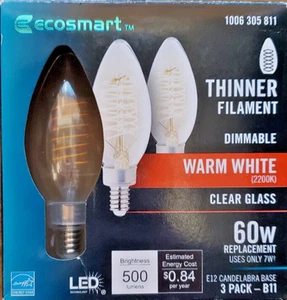 EcoSmart 60 Watt Eqv. B11 Dimmable E12 Candelabra LED Bulb Warm White 3 Pack - Picture 1 of 1