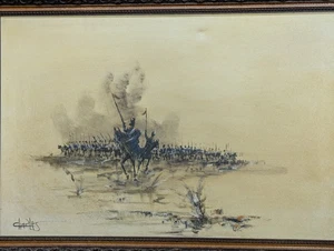 Vintage large Original oil painting on canvas of battle scene signed by Charles - Picture 1 of 22