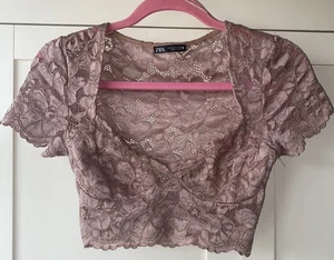Zara Pink / Nude Lace Crop Top Size Small Sweetheart Neckline . - Picture 1 of 5
