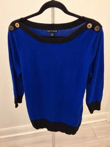 Cable & Gauge Womens Royal Blue Black Trim Sweater L Button Shoulder 3/4 Sleeve - Picture 1 of 7
