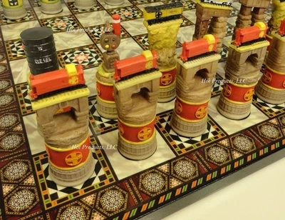 Juego de piezas de ajedrez de tren con tablero de diseño de mosaico 14" vapor vs motores diésel trenes Foto 1 de 4