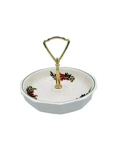 Pfaltzgraff #041 Candy Bowl With Gold Handle Holly And Greens With Bows Vintage - Picture 1 of 10