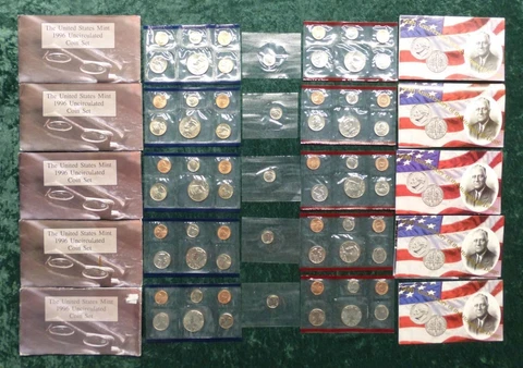 5 1996 Uncirculated Mint Sets, Envelopes & OGP, All With West Point SP W Dime Cover