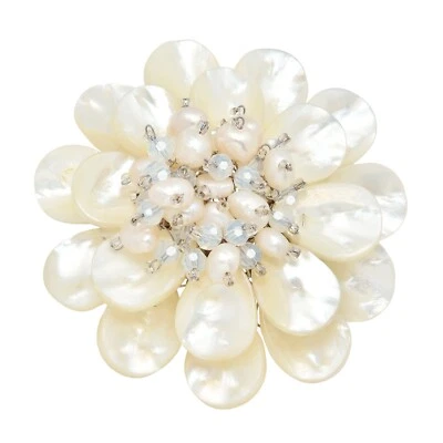 Elegante broche prendedor floreciente con concha blanca, perla y flor de cristal Foto 1 de 4