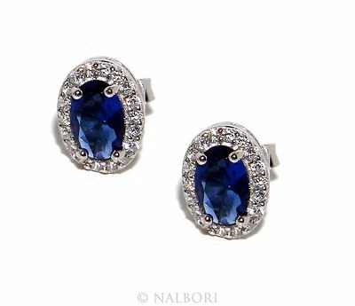orecchini argento 925 ovali zircone blu zaffiro 6x8 punto luce per donna perno - Immagine 1 di 2