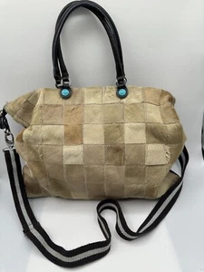 GABS Beige Patchwork Pony Fur Gray Fabric Tote Convertible Crossbody Handbag - Picture 1 of 13