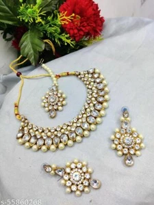 Moda India Moda Perla Enchapado en Oro Kundan Bollywood Novia Joyería Set FS - Imagen 1 de 3