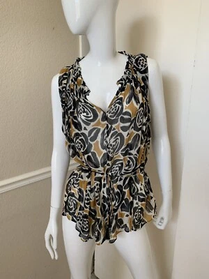 Suerte ¡NUEVO! Blusa sin mangas 100 % seda arrugada negra/dorada/marfil estampado XS  Foto 1 de 4