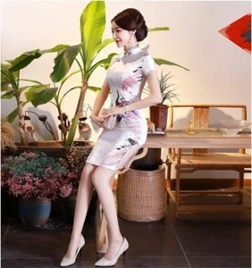 Neues luxuriöses weißes chinesisches kurzes Satinkleid Phönix Cheongsam Qipao lcdress81 - Bild 1 von 3