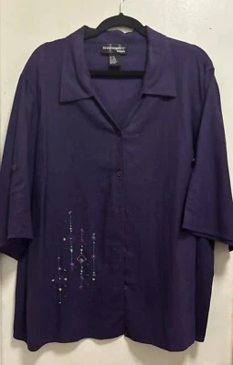 Blusa de botones con cuello en V y cuello de cuentas de mezcla de lino para mujer Requirements Talla 3X Foto 1 de 4