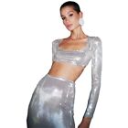 Metallic Silver Women Long Sleeve Crop Top and Midi Dress Set Clubwear