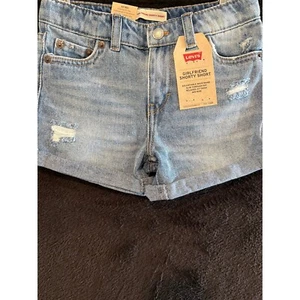Levi's Girlfriend Shorty Shorts Adjustable Waist Distressed Denim 6X - Picture 1 of 6