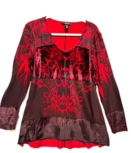 Damen Gr. L Tunika Top Rot & Schwarz Samt Block Couqette Fee Witchy Karriere Goth - Bild 1 von 9
