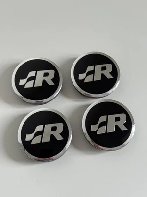 Fits R32 MK4 Set 56mm Wheel Centre Caps Hubcaps Gloss Black Chrome R Logo - Image 1 of 3