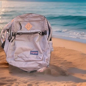 Jansport Backpack Bookbag Gray Canvas Bottom 18” Water Bottle Holder - Picture 1 of 15
