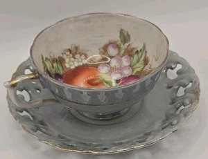 VTG Lusterware Teacup and Saucer with Hand-Painted Fruit Design & Gold Trim RD - Picture 1 of 11