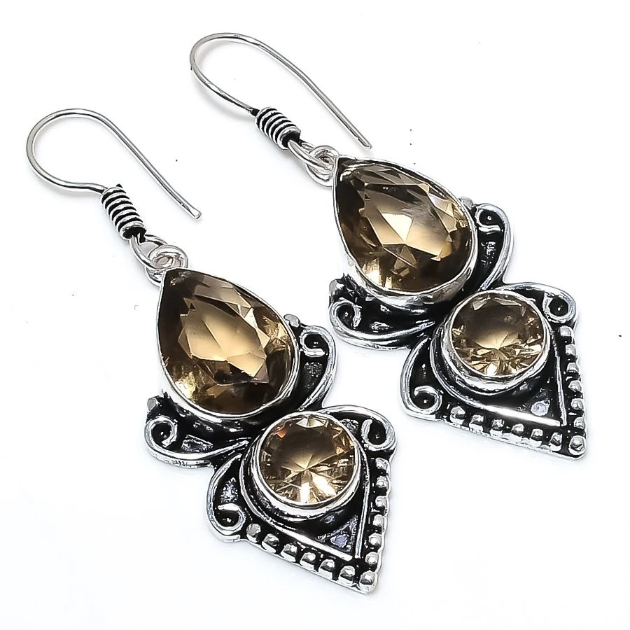 Smoky Quartz Gemstone Handmade 925 Sterling Silver Jewelry Earring Size 1.9" - Image 1 of 1