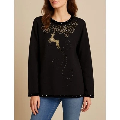 Quacker Factory Black Gold Reindeer Festive Holiday Xmas Embellished Sweater L - Image 1 of 4