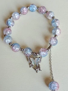 Beaded Silver Charm Bracelet, Pale Pink Blue Butterfly Charm, Crystal, UK Seller - Picture 1 of 7