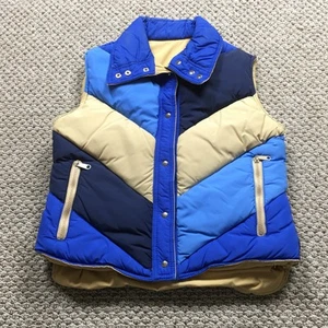 Vintage 1980s Mountain Goat White Stag Woman’s M Puffer Zipper Ski Vest Blue Tan - Picture 1 of 11