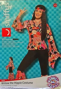Tuta da discoteca stile anni 70 3 pezzi nero e arancione multicolore pantaloni top e sciarpa XS - Foto 1 di 3