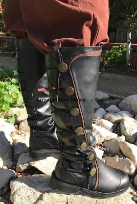 Black Steampunk Pirate Captain Highlander Halloween Costume Mens Knee Boots - Image 1 of 2