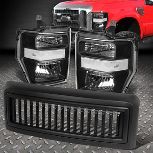 FOR 08-10 FORD F250-F550 BLACK/CLEAR HEADLIGHT LAMP+MATTE VERTICAL FRONT GRILLE