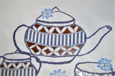 A BLUE STRIPED TEA PARTY OF FANCY CUTWORK! VTG GERMAN SPRING TABLECLOTH - Image 1 of 4