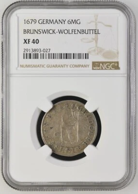 1679 German States Brunswick Wolfenbuttel Wildman 1/6 Taler, 6 MG, NGC XF 40 - Image 1 of 2