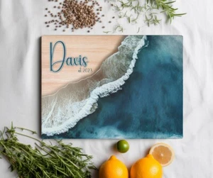 Personalized Custom Ocean Wave Tempered Glass Cutting Board, Housewarming Gift - Picture 1 of 11