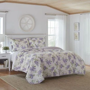 Laura Ashley Keighley Quilt Set 3PC 100% Cotton Reversible Natural Breathable - Picture 1 of 37