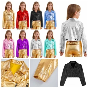 Kids Girl's Blouse Zip-Up Coat Stand Collar Top Shiny Jacket Long Sleeve Disco - Picture 1 of 86