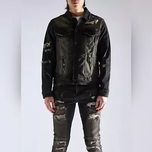 Medium - Embellished- Black Distressed Denim Jacket-nwt - Picture 1 of 9